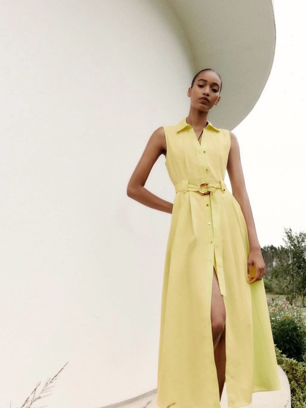 Zara Belted Poplin Midi Shirt Dress Yellow Women's Size M NWOT Cotton V-Neck